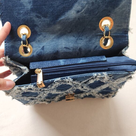 M. Marco MKP Quilted Distressed Denim Jean Handbag Crossbody Gold Chain Y2K 90s - Picture 5 of 12